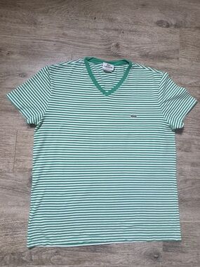 Lacoste Green & White Striped V-Neck Tee